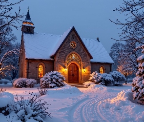 Kościół, Droga, Drzewa, Ośnieżone, Zima