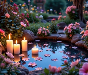 Świece, Płonące, Oczko wodne, Ogród, Różowe, Kwiaty