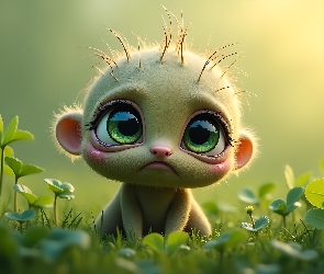 Grafika Dla dzieci, Koniczyna, Stworek, Smutny, Zielony, Rośliny