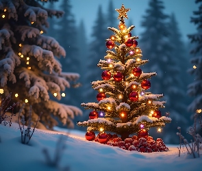 Czerwone, Grafika, Zima, Bombki, Choinka