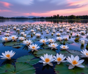 Góry, Drzewa, Białe, Jezioro, Lilie wodne, Niebo