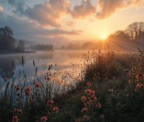 Grafika AI, Promienie słońca, Kwiaty, Jezioro