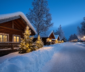 Grafika AI, Boże Narodzenie, Droga, Zima, Domy, Choinki