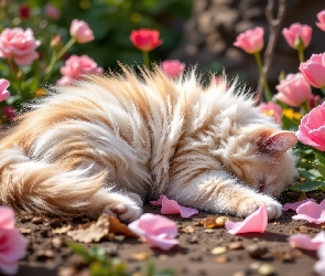 Puszysty, Tulipany, Kwiaty, Śpiący, Kot