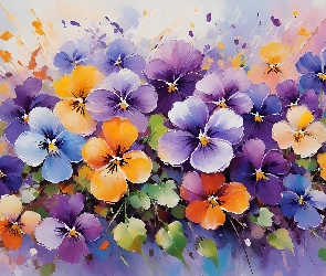 Grafika AI, Kwiaty, Kolorowe, Bratki
