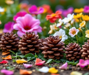 Płatki, Szyszki, Kolorowe, Kwiaty