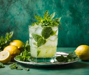 Tło Alkohole, Cytryny, Taca, Zielone, Szklanka, Mojito, Mięta, Kostki, Koktajl alkoholowy, Lodu