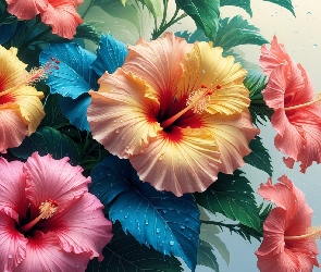 Grafika, Krople, Kolorowe, Hibiskusy, Kwiaty, Liście