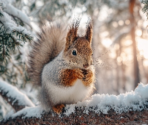 Grafika AI, Śnieg, Wiewiórka, Gałąź