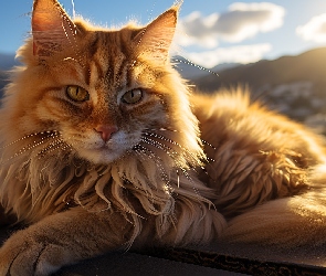 Grafika AI, Słońce, Kot, Rudy, Spojrzenie, Góry