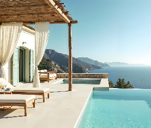 Morze, Góry, Basen, Dom, Leżaki, Taras