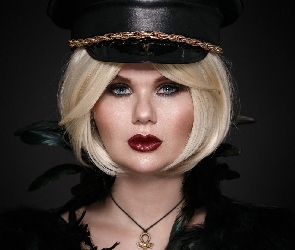 Blondynka, Naszyjnik, Czapka, Makijaż, Kobieta