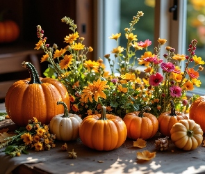 Kwiaty, Grafika AI, Okno, Stół, Dynie