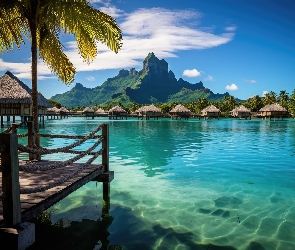 Morze, Bungalow, Pomost, Domki, Tropiki, Palmy, Grafika, Góra