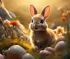 Królik, Grafika, Kwiaty, Pisanki, Wielkanoc