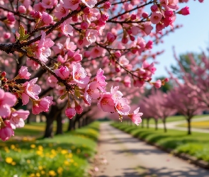 Grafika AI, Drzewo owocowe, Różowe, Kwiaty, Gałąź, Aleja