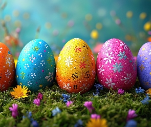 Kolorowe, Mech, Kwiaty, Pisanki, Wielkanoc