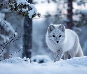 Lis, Grafika AI, Zima, Las, Biały