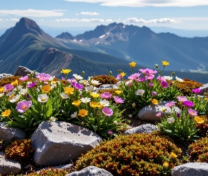 Grafika AI, Góry, Kwiaty, Kolorowe, Kamienie, Mech