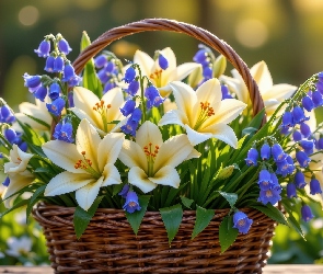 Wiklinowy, Kwiaty, Lilie, Koszyk, Dzwonki, Kremowe, Fioletowe