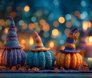 Włóczka, Grafika, Bokeh, Świece, Dynie