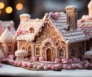 Piernik, Różowe, Boże Narodzenie, Domek, Kulki, Udekorowany, Al, Białe