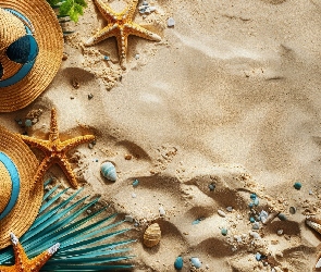 Muszelki, Rozgwiazdy, Piasek, Plaża, Dwa, Kapelusze