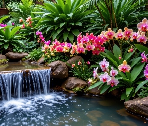 Rośliny, Storczyki, Oczko wodne, Grafika AI, Kolorowe, Kamienie, Kwiaty