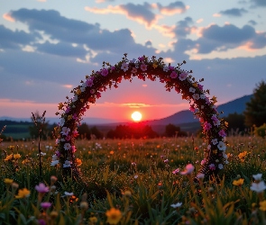 Zachód słońca, Łąka, Łuk, Kwiaty