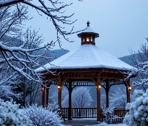 Zima, Grafika AI, Krzewy, Drzewa, Altana