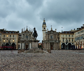 Plac San Carlo, Kościół San Carlo, Turyn, Pomnik Emanuela Filiberto, Kościół Santa Cristina, Włochy, Domy