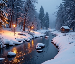 Rzeka, Domek, Zima, Las, Śnieg, Kamienie, Latarnie, Drzewa