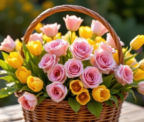 Koszyk, Wiklinowy, Tulipany, Kwiaty, Róże, Żółte, Różowe