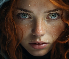 Rudowłosa, Twarz, Dziewczyna, Spojrzenie, Krople, Piegi, Deszczu, Kurtka