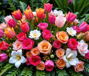 Kwiaty, Listki, Tulipany, Róże, Bukiet