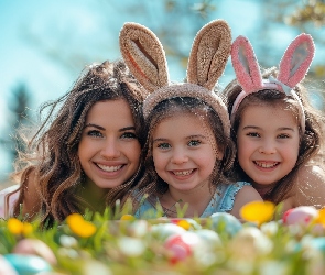 Dzieci, Opaski, Kobieta, Dziewczynki, Uszy, Dwie, Królika, Futrzane