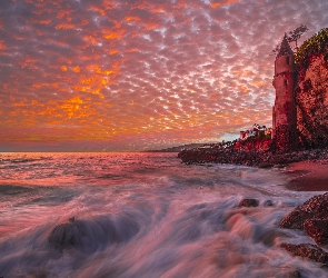 Morze, Kalifornia, Skały, Stany Zjednoczone, Zachód słońca, Klif, Victoria Beach, Wieża, Pirate Tower