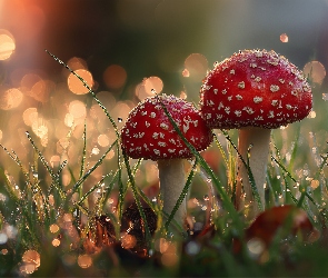 Grafika AI, Bokeh, Czerwone, Muchomory, Grzyby, Trawa