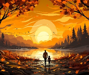 Zachód słońca, Jesień, Dziecko, Grafika, Jezioro, Mężczyzna, Drzewa