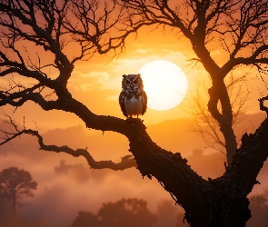 Niebo, Zachód, Przyroda, Konary, Słońca, Mgła, Natura, Zamglenie, Ptak, Sowa, Drzewo