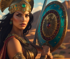 Wojowniczka, Tarcza, Kobieta, Zbroja, Skały, Księżniczka, Grafika, Biżuteria