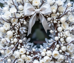 Wianek, Kwiaty, Boże Narodzenie, Ośnieżone, Kokarda, Gałązki, AI, Białe