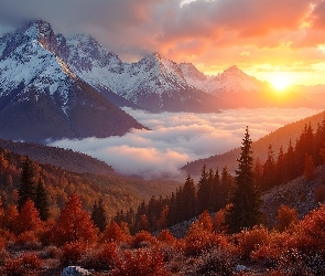 Góry, Drzewa, Jesień, Mgła, Niebo, Dolina, Chmury, Las