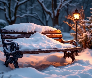 Ośnieżona, Latarnia, Śnieg, Ławka, Rozświetlona, Zima, Zmierzch