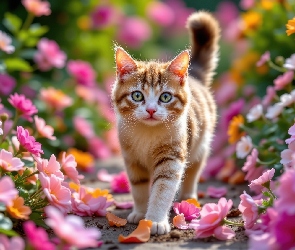 Ścieżka, Kwiaty, Biało-rudy, Kot