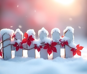 Śnieg, Liście, Płotek, Zima, Winorośl, Biały, Czerwona
