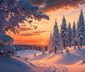 Ośnieżone, Zachód słońca, Ślady, Drzewa, Zima