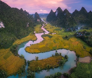 Wietnam, Prowincja Cao Bang, Rzeka, Kręta, Pola, Góry