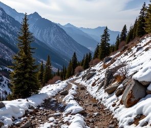 Droga, Świerki, Góry, Kamienie, Drzewa, Zima, Śnieg