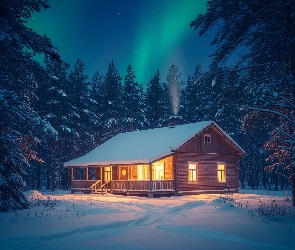 Dom, Zorza polarna, Las, Drzewa, Zima